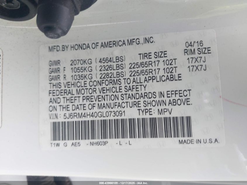 2016 Honda Cr-V Se VIN: 5J6RM4H40GL073091 Lot: 43966109
