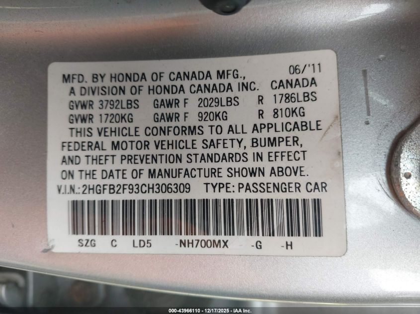 2012 Honda Civic Ex-L VIN: 2HGFB2F93CH306309 Lot: 43966110