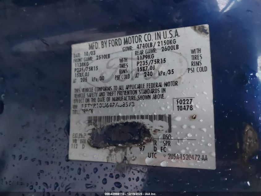 2004 Ford Ranger Edge/Xl/Xlt VIN: 1FTYR10U64PA38573 Lot: 43966113