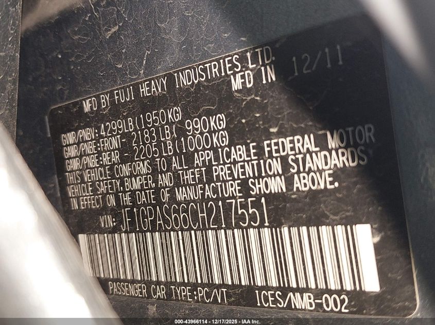 2012 Subaru Impreza 2.0I Sport Limited VIN: JF1GPAS66CH217551 Lot: 43966114