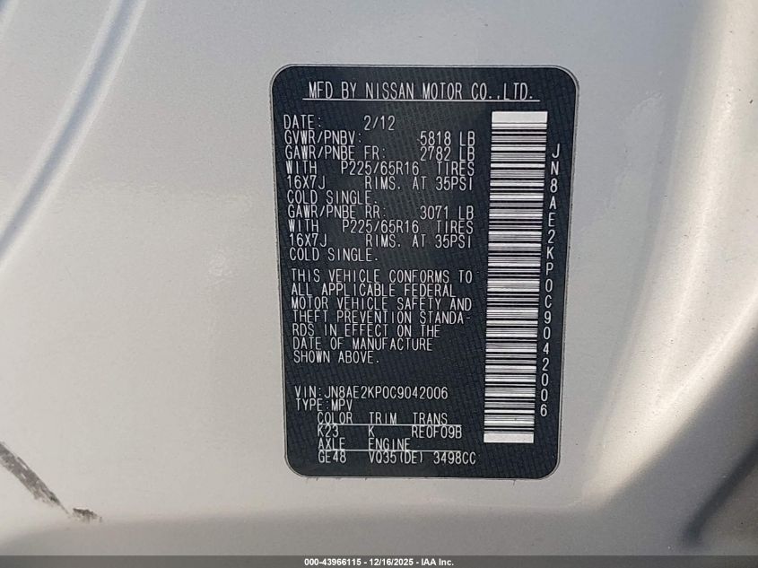 2012 Nissan Quest Sv VIN: JN8AE2KP0C9042006 Lot: 43966115