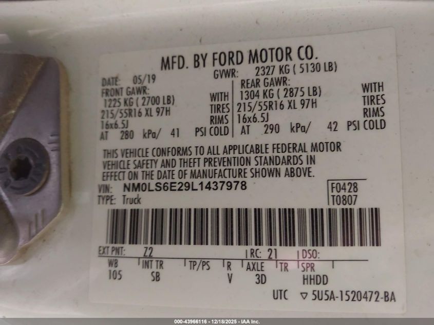 2020 Ford Transit Connect Xl VIN: NM0LS6E29L1437978 Lot: 43966116