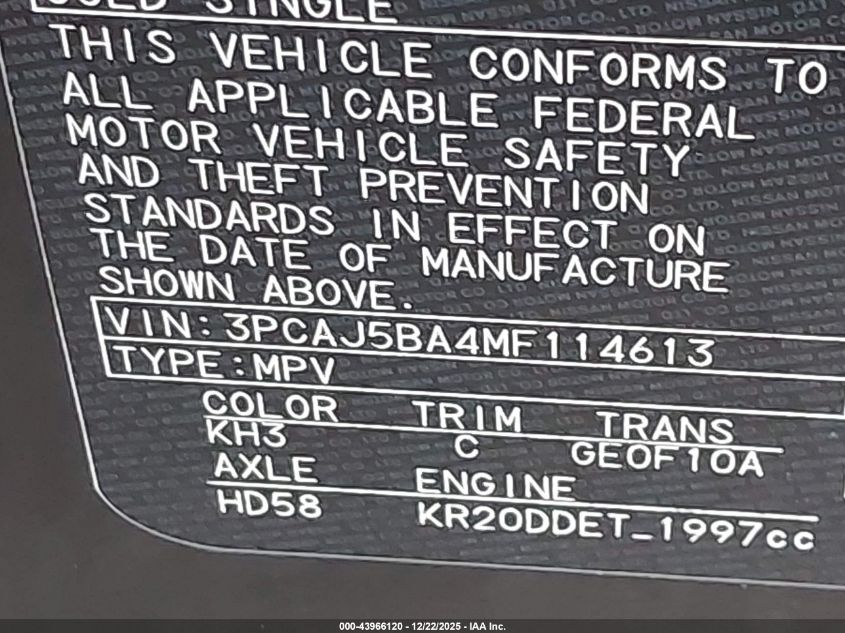 2021 Infiniti Qx50 Luxe VIN: 3PCAJ5BA4MF114613 Lot: 43966120