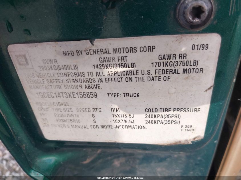 1999 Chevrolet Silverado 1500 Ls VIN: 1GCEC14T3XE156859 Lot: 43966121
