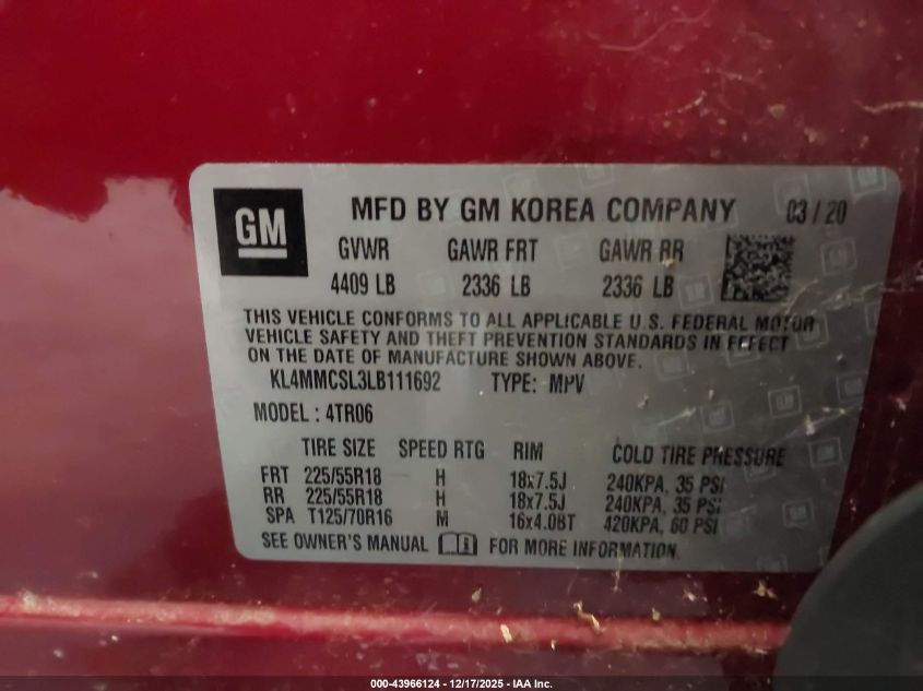 2020 Buick Encore Gx Awd Preferred VIN: KL4MMCSL3LB111692 Lot: 43966124