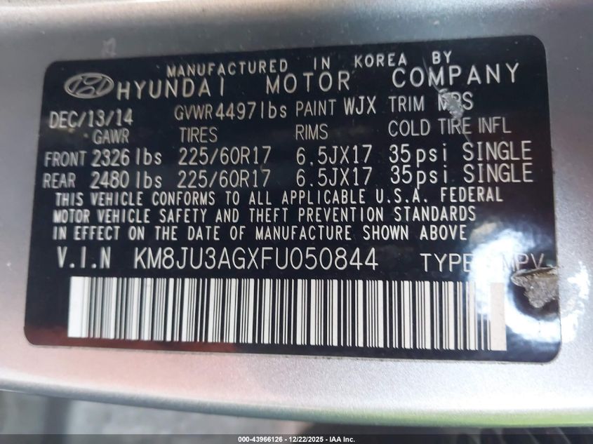 2015 Hyundai Tucson Se VIN: KM8JU3AGXFU050844 Lot: 43966126