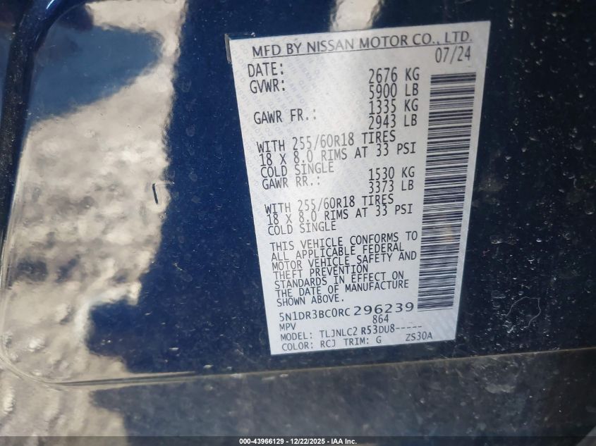 2024 Nissan Pathfinder Sv 4Wd VIN: 5N1DR3BC0RC296239 Lot: 43966129