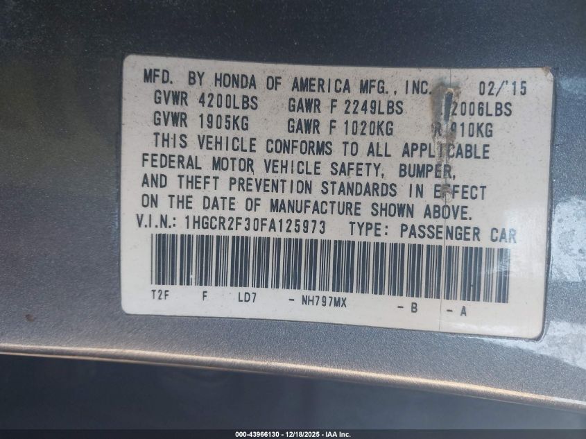 2015 Honda Accord Lx VIN: 1HGCR2F30FA125973 Lot: 43966130