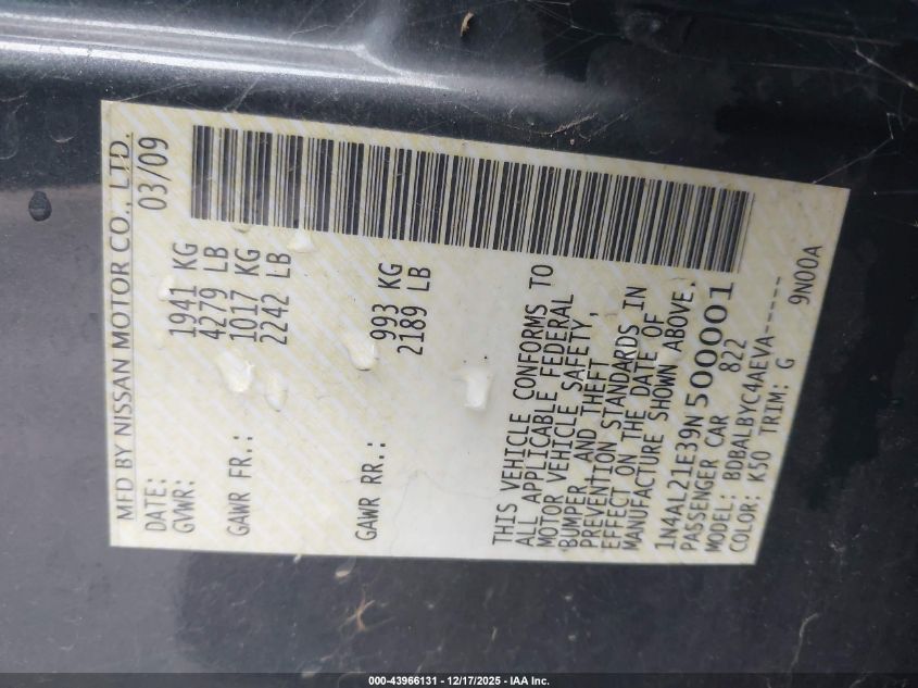 2009 Nissan Altima 2.5 S VIN: 1N4AL21E39N500001 Lot: 43966131