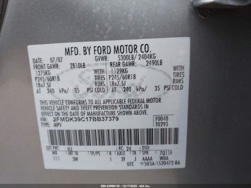 2007 Ford Edge Sel Plus VIN: 2FMDK39C17BB37379 Lot: 43966135