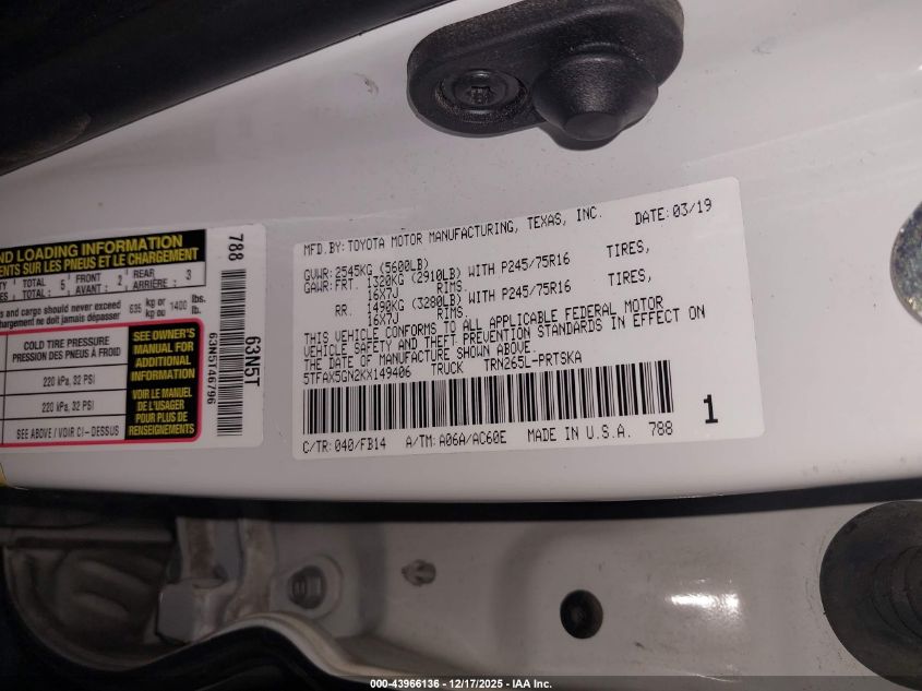 2019 Toyota Tacoma Sr VIN: 5TFAX5GN2KX149406 Lot: 43966136