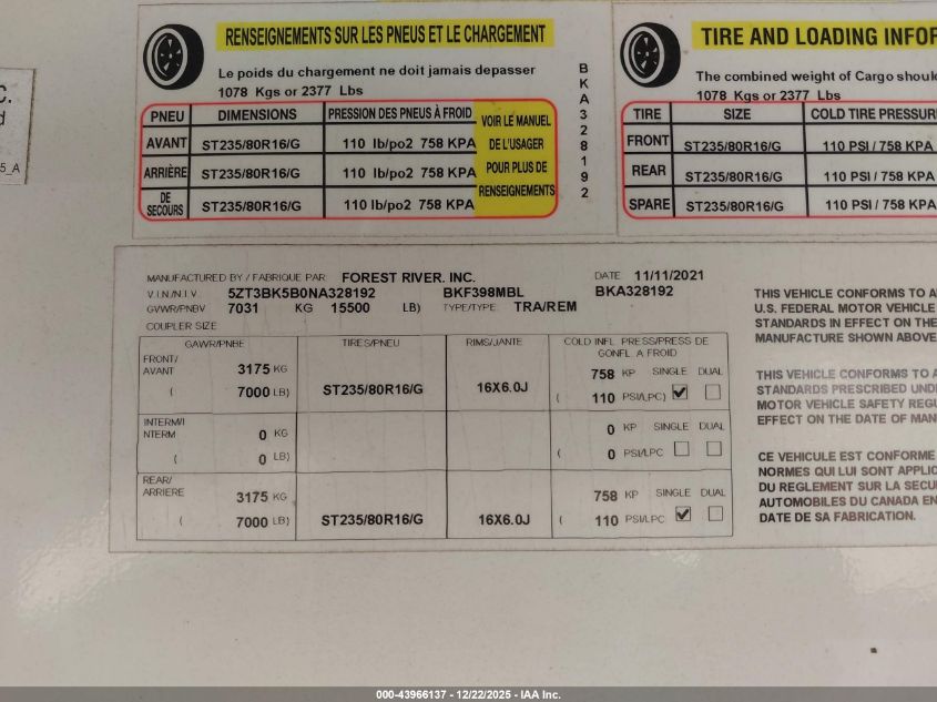 2022 Coachmen Brookstone VIN: 5ZT3BK5B0NA328192 Lot: 43966137