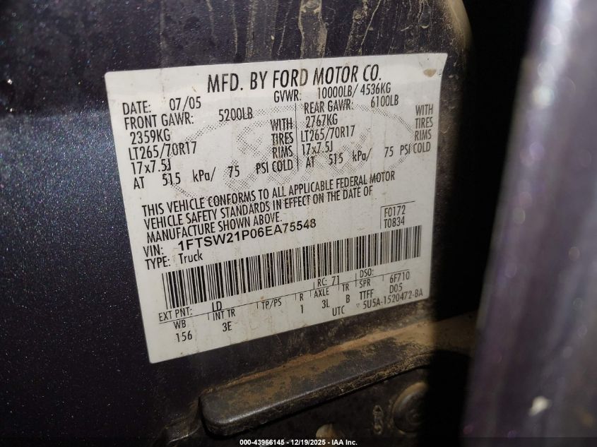 2006 Ford F-250 Lariat/Xl/Xlt VIN: 1FTSW21P06EA75548 Lot: 43966145
