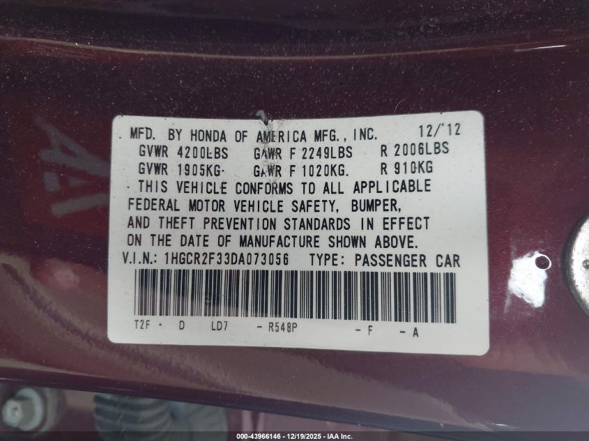 2013 Honda Accord Lx VIN: 1HGCR2F33DA073056 Lot: 43966146