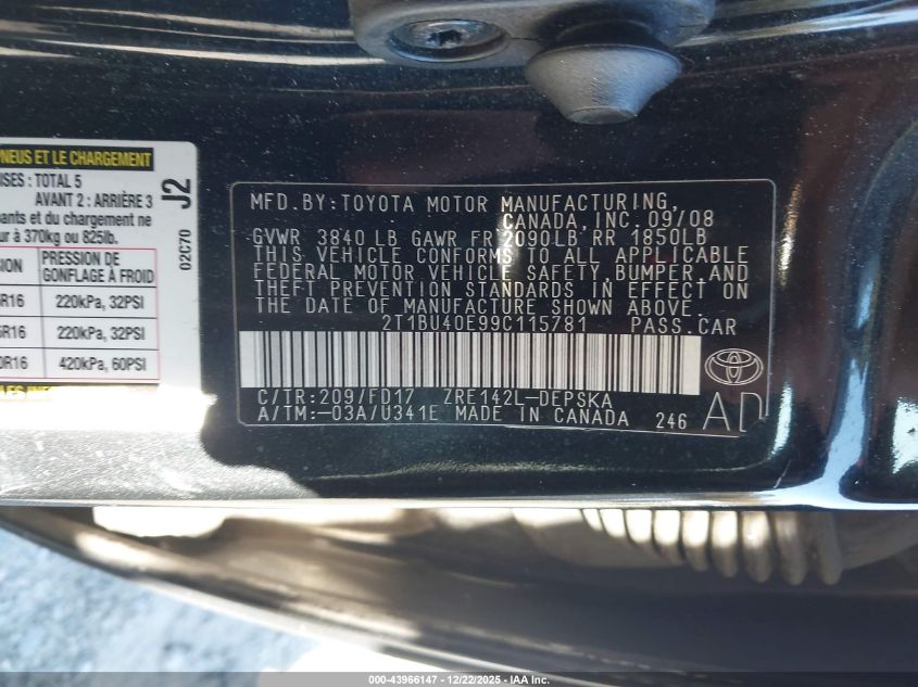 2009 Toyota Corolla S VIN: 2T1BU40E99C115781 Lot: 43966147