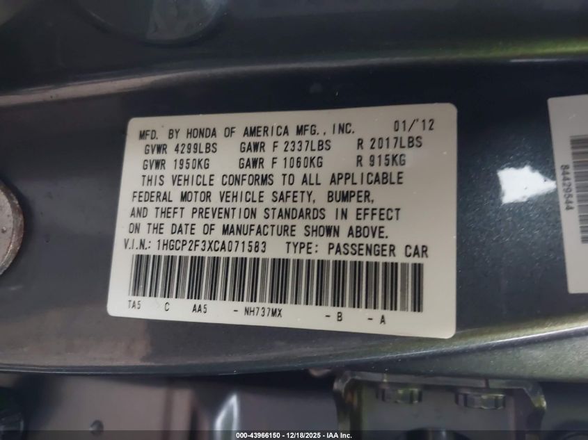 2012 Honda Accord 2.4 Lx VIN: 1HGCP2F3XCA071583 Lot: 43966150