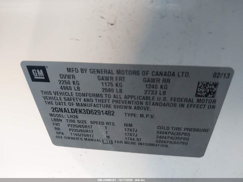 2013 Chevrolet Equinox 1Lt VIN: 2GNALDEK3D6291482 Lot: 43966151