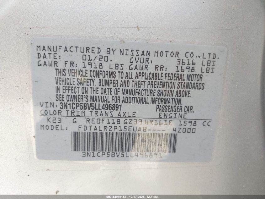 2020 Nissan Kicks S Xtronic Cvt VIN: 3N1CP5BV5LL496891 Lot: 43966153