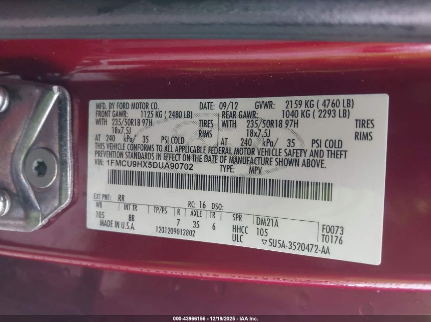 2013 Ford Escape Sel VIN: 1FMCU9HX5DUA90702 Lot: 43966156