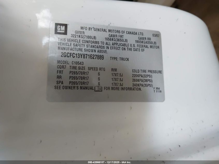 2007 Chevrolet Silverado 1500 Lt2 VIN: 2GCFC13Y871627889 Lot: 43966157