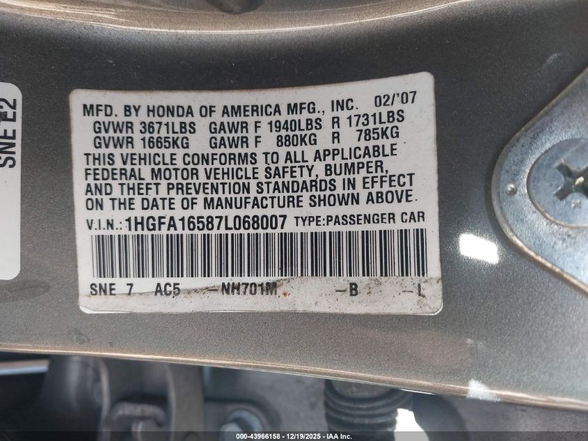 2007 Honda Civic Lx VIN: 1HGFA16587L068007 Lot: 43966158