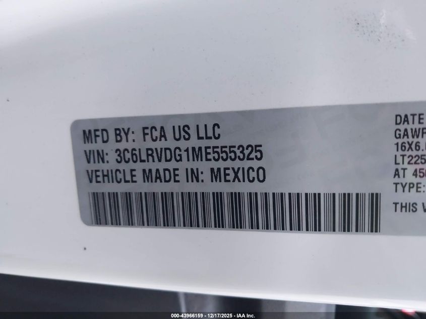 2021 Ram Promaster 2500 High Roof 159 Wb VIN: 3C6LRVDG1ME555325 Lot: 43966159