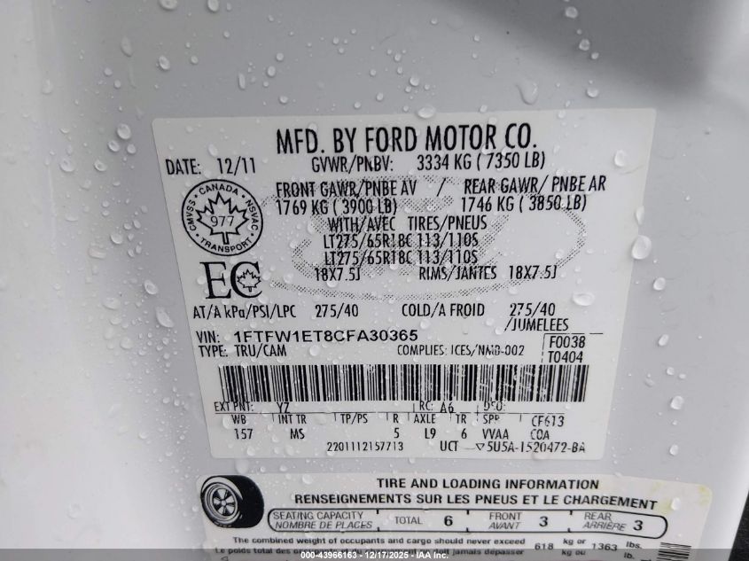 2012 Ford F-150 Xlt VIN: 1FTFW1ET8CFA30365 Lot: 43966163