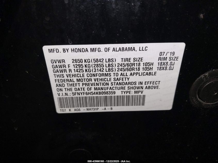 2019 Honda Pilot Ex-L VIN: 5FNYF6H54KB098359 Lot: 43966168