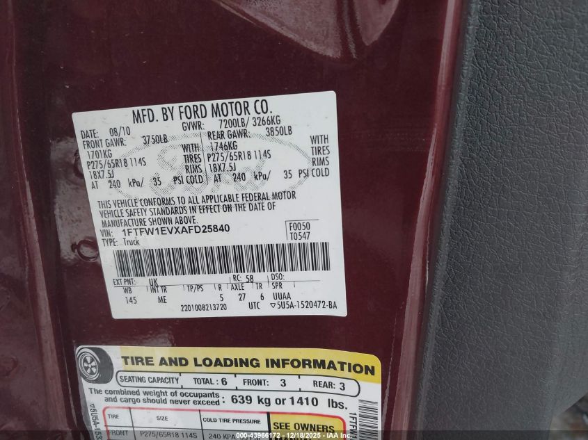 2010 Ford F-150 Fx4/Harley-Davidson/King Ranch/Lariat/Platinum/Xl/Xlt VIN: 1FTFW1EVXAFD25840 Lot: 43966172