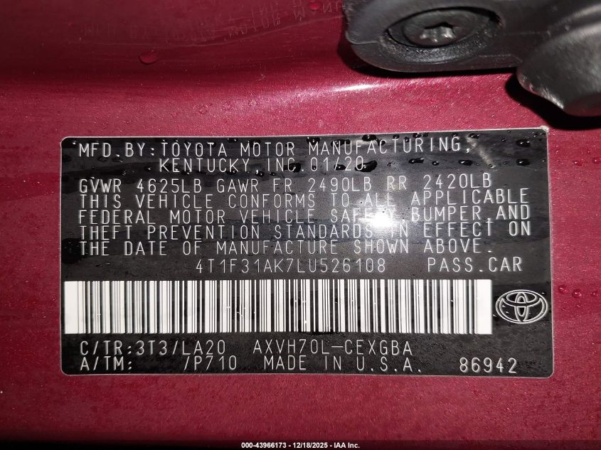2020 Toyota Camry Xle Hybrid VIN: 4T1F31AK7LU526108 Lot: 43966173