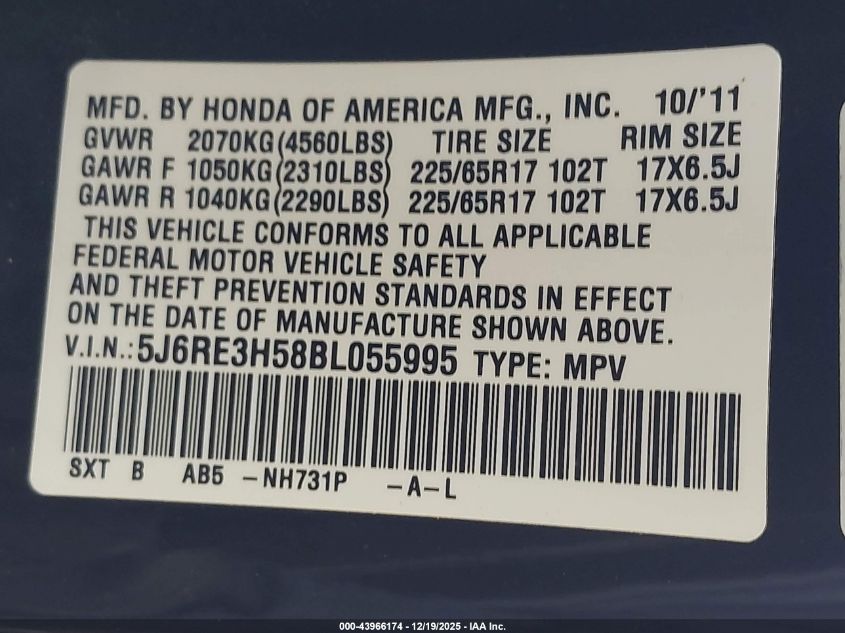 2011 Honda Cr-V Ex VIN: 5J6RE3H58BL055995 Lot: 43966174