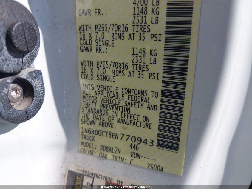 2014 Nissan Frontier Sv-I4 VIN: 1N6BD0CT8EN770943 Lot: 43966175