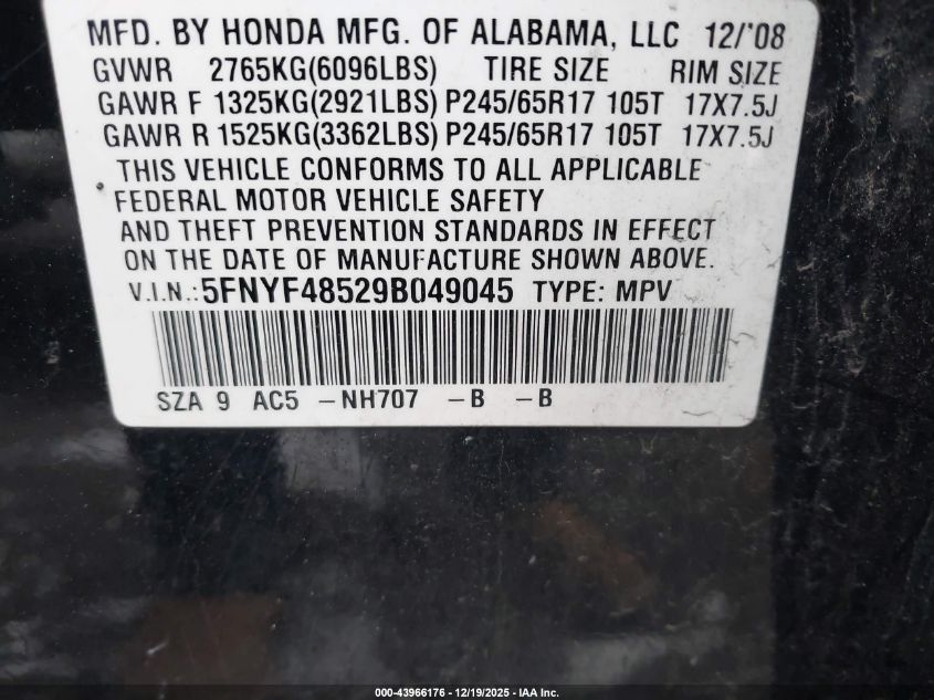 2009 Honda Pilot Ex-L VIN: 5FNYF48529B049045 Lot: 43966176