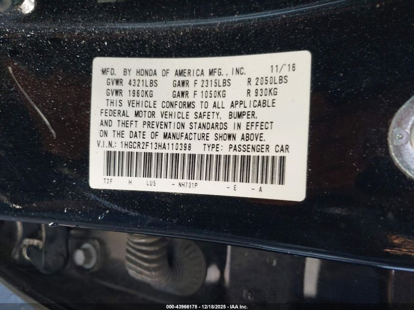 2017 Honda Accord Sport Se VIN: 1HGCR2F13HA110398 Lot: 43966178