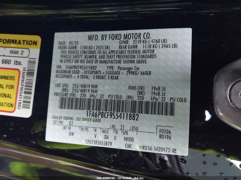 2025 Ford Mustang Gt Fastback VIN: 1FA6P8CF9S5411882 Lot: 43966180