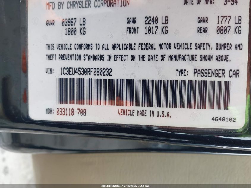 1994 Chrysler Lebaron Gtc/Lx VIN: 1C3EU4530RF280232 Lot: 43966184
