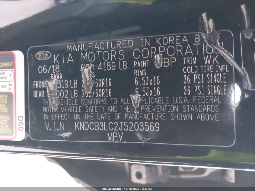 2018 Kia Niro Lx VIN: KNDCB3LC2J5203569 Lot: 43966186