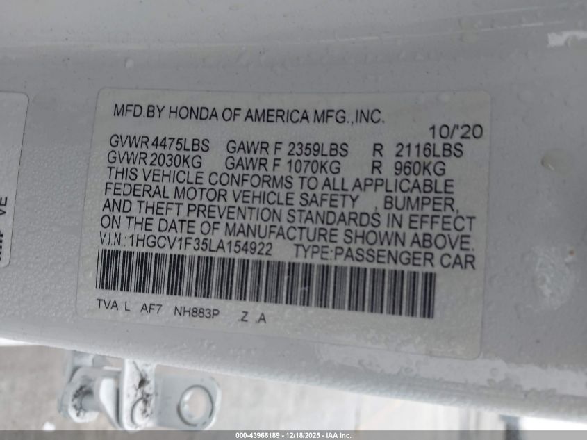 2020 Honda Accord Sport VIN: 1HGCV1F35LA154922 Lot: 43966189