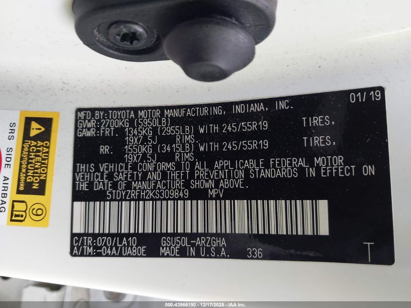 2019 Toyota Highlander Limited VIN: 5TDYZRFH2KS309849 Lot: 43966190