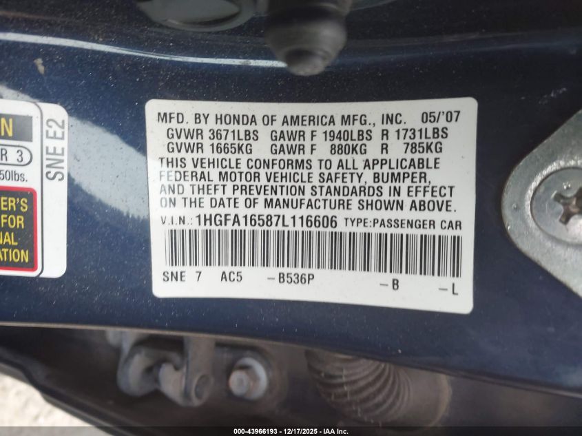 2007 Honda Civic Lx VIN: 1HGFA16587L116606 Lot: 43966193