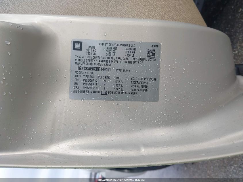 2011 Chevrolet Tahoe Ls VIN: 1GNSKAE0XBR149491 Lot: 43966195