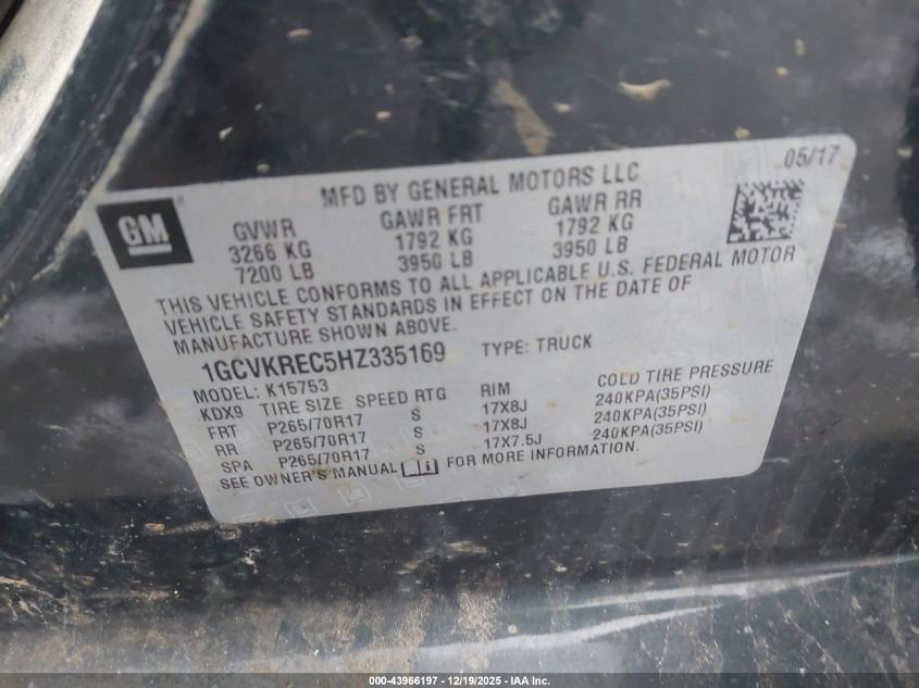 2017 Chevrolet Silverado 1500 1Lt VIN: 1GCVKREC5HZ335169 Lot: 43966197
