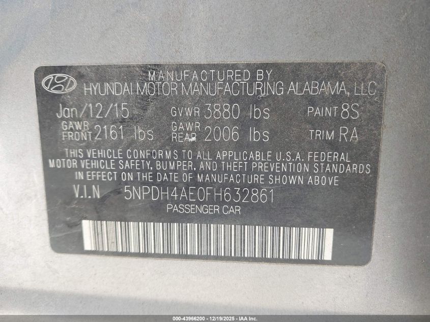 2015 Hyundai Elantra Se VIN: 5NPDH4AE0FH632861 Lot: 43966200