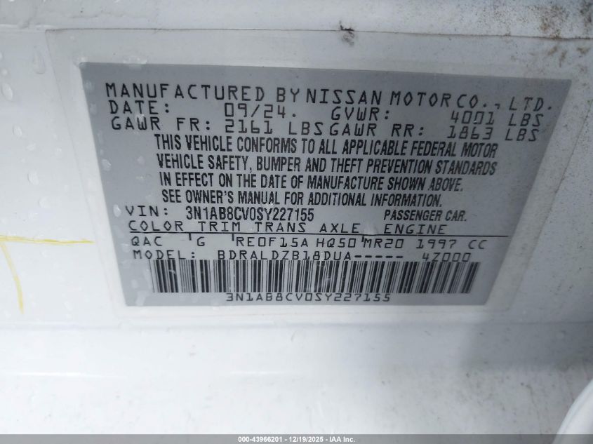 2025 Nissan Sentra Sv VIN: 3N1AB8CV0SY227155 Lot: 43966201