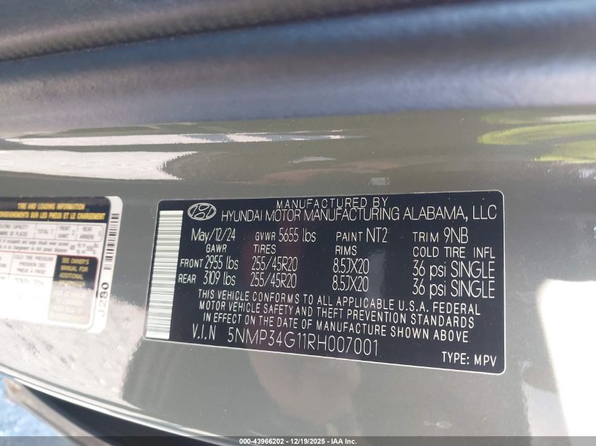 2024 Hyundai Santa Fe Hybrid Limited VIN: 5NMP34G11RH007001 Lot: 43966202