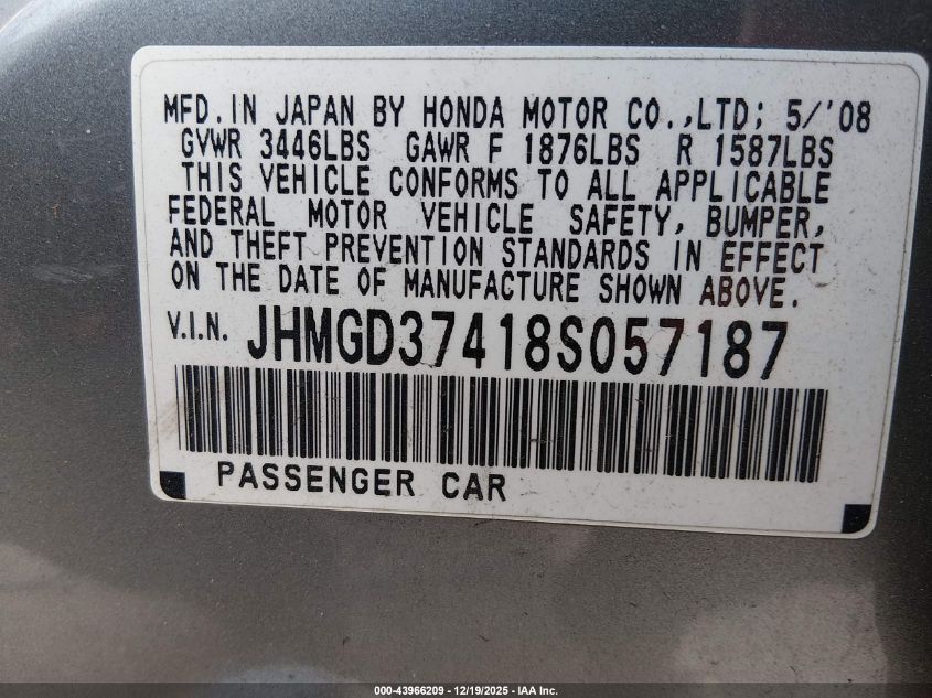 2008 Honda Fit VIN: JHMGD37418S057187 Lot: 43966209
