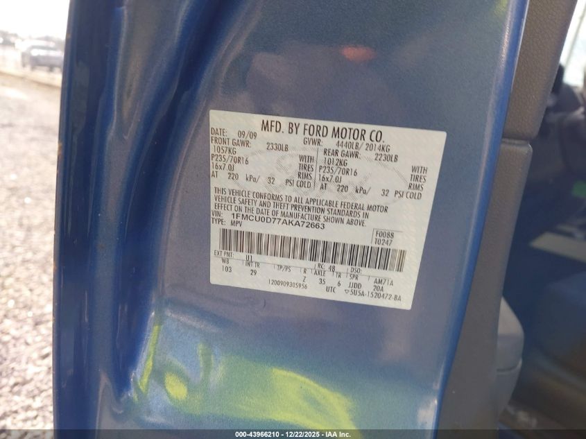 2010 Ford Escape Xlt VIN: 1FMCU0D77AKA72663 Lot: 43966210