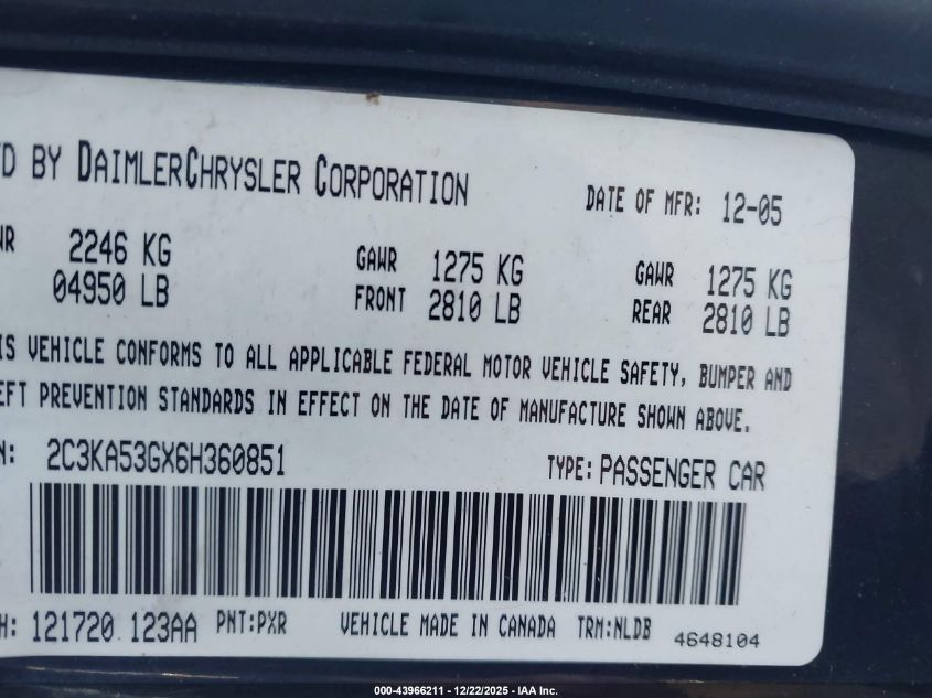 2006 Chrysler 300 Touring VIN: 2C3KA53GX6H360851 Lot: 43966211