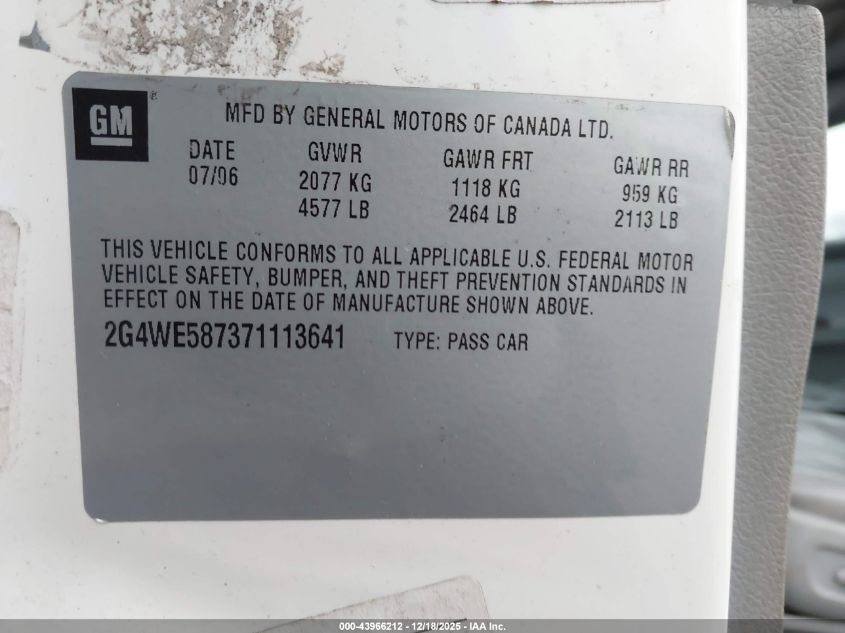 2007 Buick Lacrosse Cxs VIN: 2G4WE587371113641 Lot: 43966212