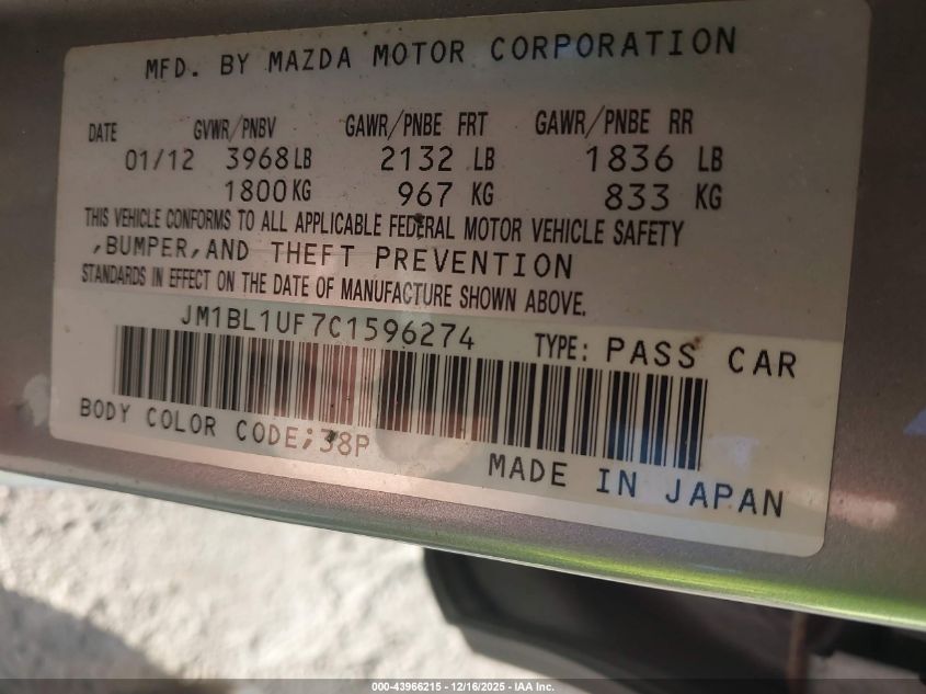 2012 Mazda Mazda3 I Sport VIN: JM1BL1UF7C1596274 Lot: 43966215